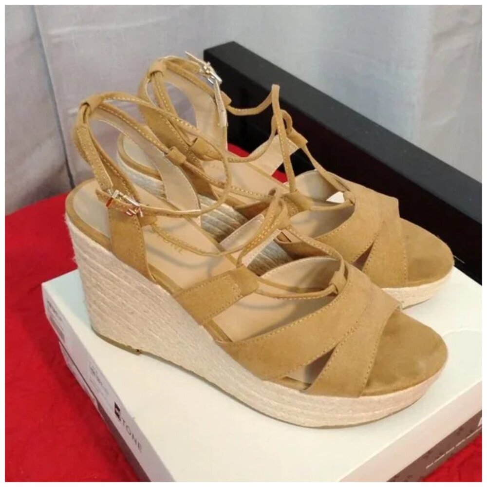 Sun + Stone Women's TINSLEY Strappy Comfort Insole Faux Suede Wedge Sandals 10
